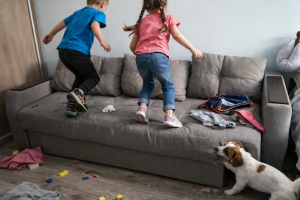 dzieci skaczą po sofie w mieszkaniu na wynajem a pies lekko gryzie bok kanapy co pokazuje że lokatorzy nie zawsze dbają o meble