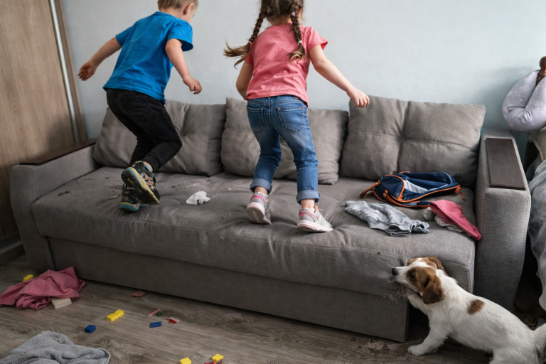 dzieci skaczą po sofie w mieszkaniu na wynajem a pies lekko gryzie bok kanapy co pokazuje że lokatorzy nie zawsze dbają o meble